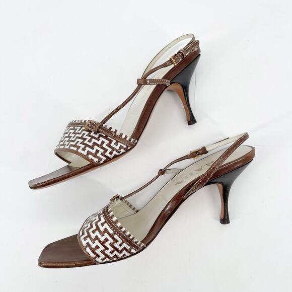 Vintage Prada Brown White Woven Leather Square Toe Slingback Heels IT 36.5 - Picture 4 of 12